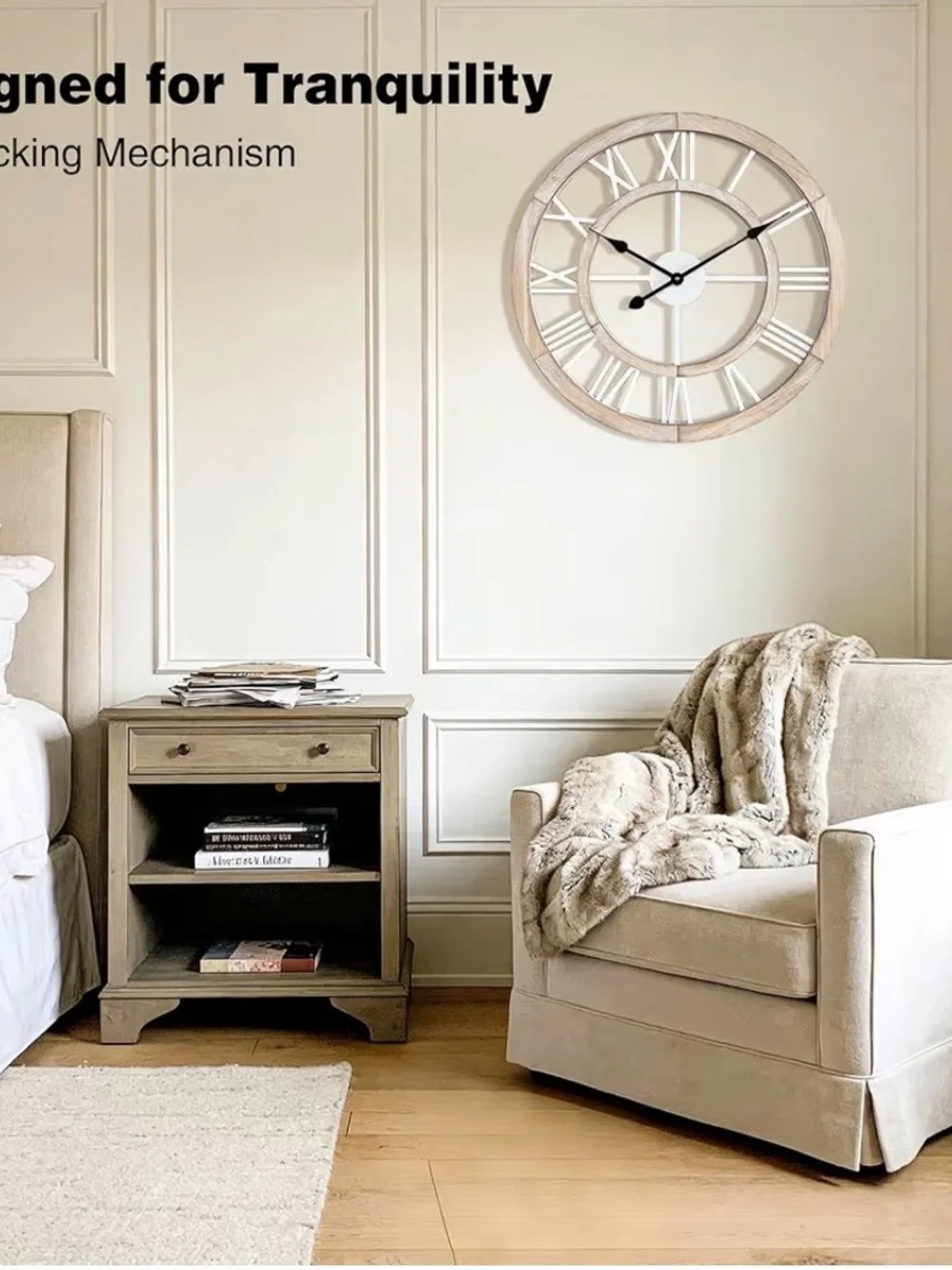 24”Large Rustic Wooden Wall Clock Silent Non-Ticking Farmhouse Decor Light Ivory